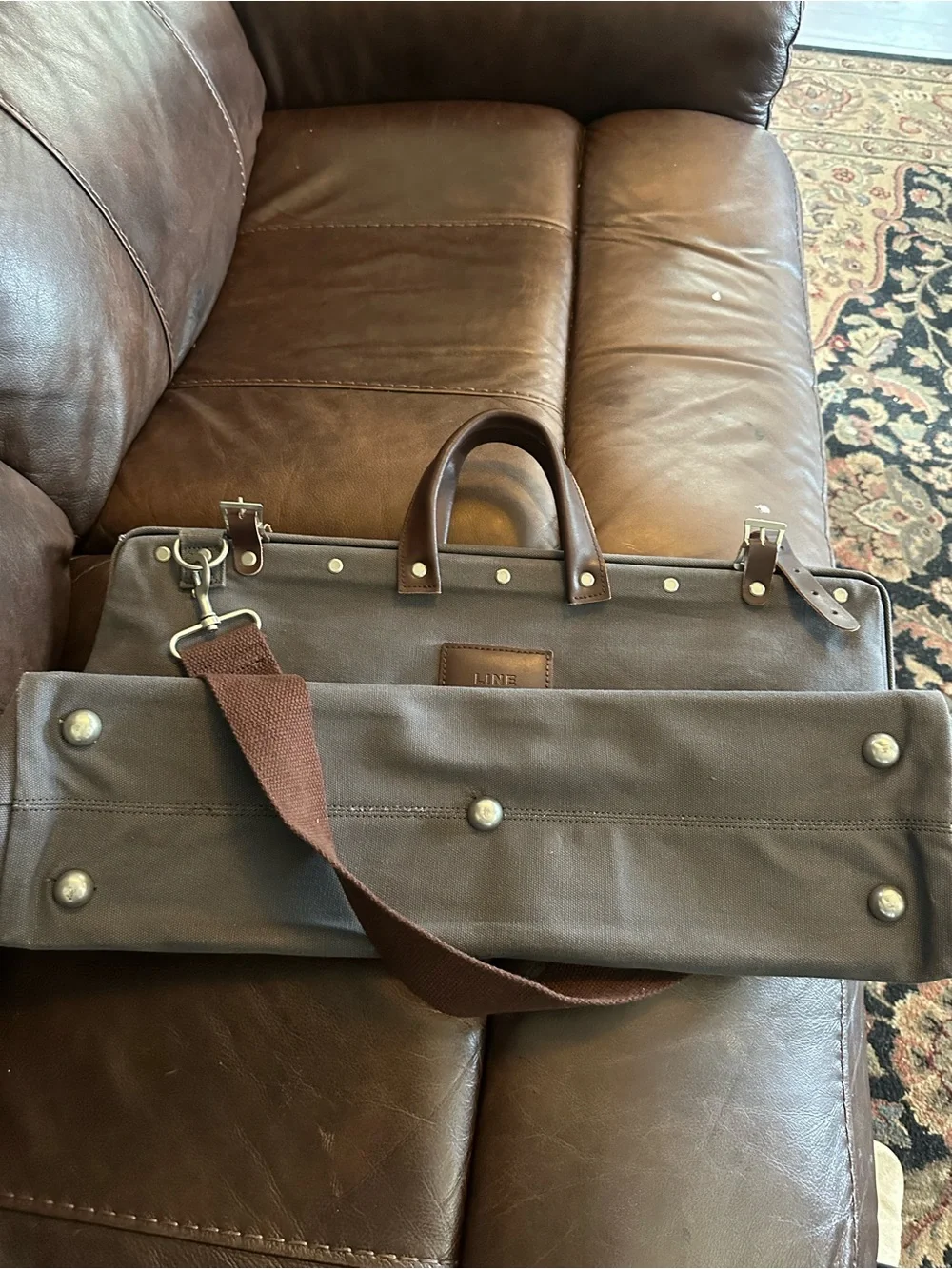 Men's Charcoal Canvas Duffel weekender bag with Brown Leather Trim